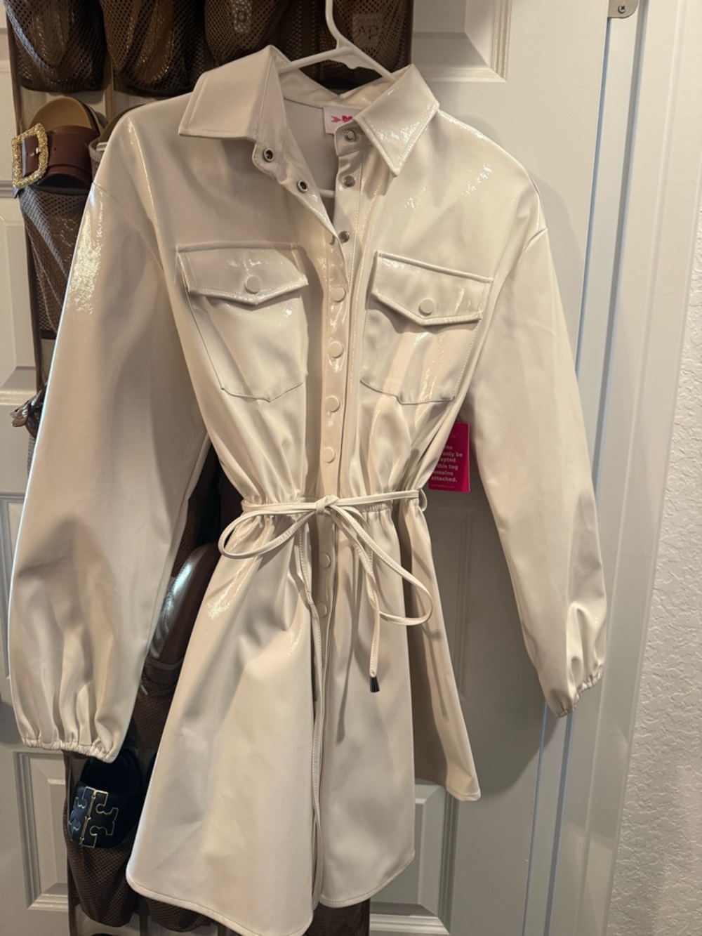 Buddy Love Faux Leather Cream Midi Shirt Dress with Drawstring Waist